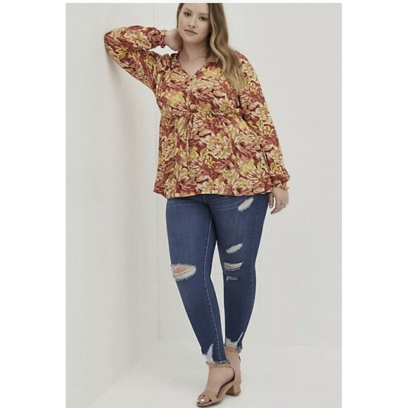 Torrid Rust Floral Gauze Peasant Long Sleeve Blouse Plus Size 2X 18 20 Boho - Picture 2 of 8